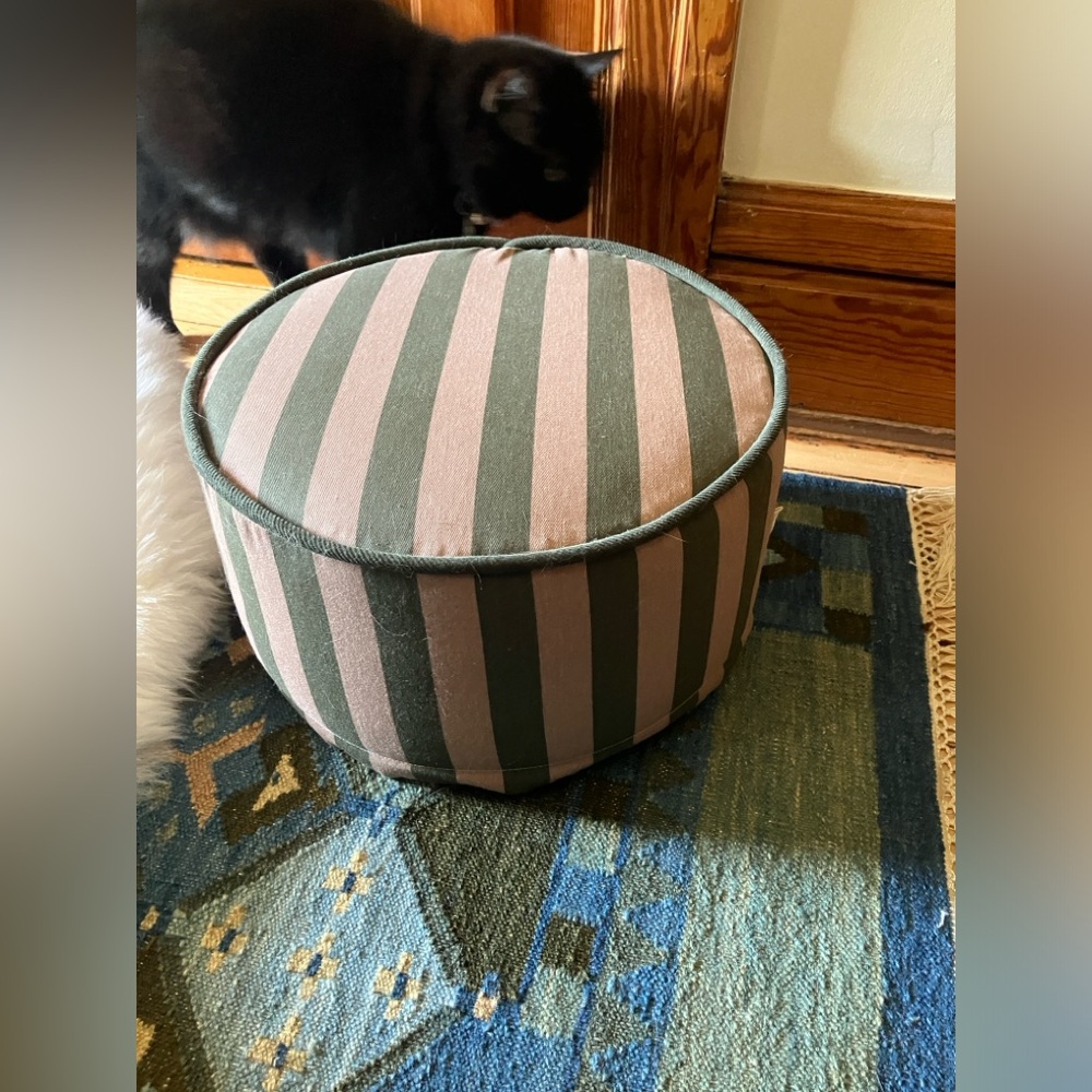 Lightly Used nobodinoz Majestic Round Stool Green Taupe Stripes Pouf Kids Room - Picture 6 of 7